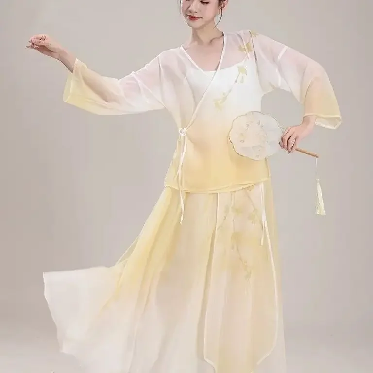 Новый классический танцевальный костюм, новое газовое платье с градиентным принтом в китайском стиле, элегантная большая распашная юбка, китайский танец,
