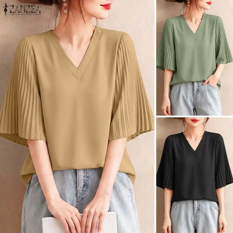 

2026 ZANZEA Summer Elegant V Neck Short Sleeve Blouse Women Casual Solid Loose Tops Female OL Work Shirt Pleated Blusas Tunic