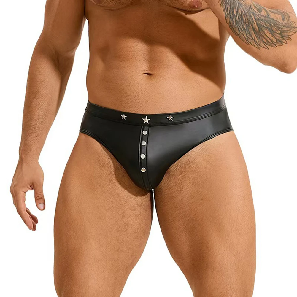 

Men Imitation Leather Seamless Underwear For Hot Man Rivet Soft Briefs Punk Triangular Gay Sissy Pouch Underpants Men Panties
