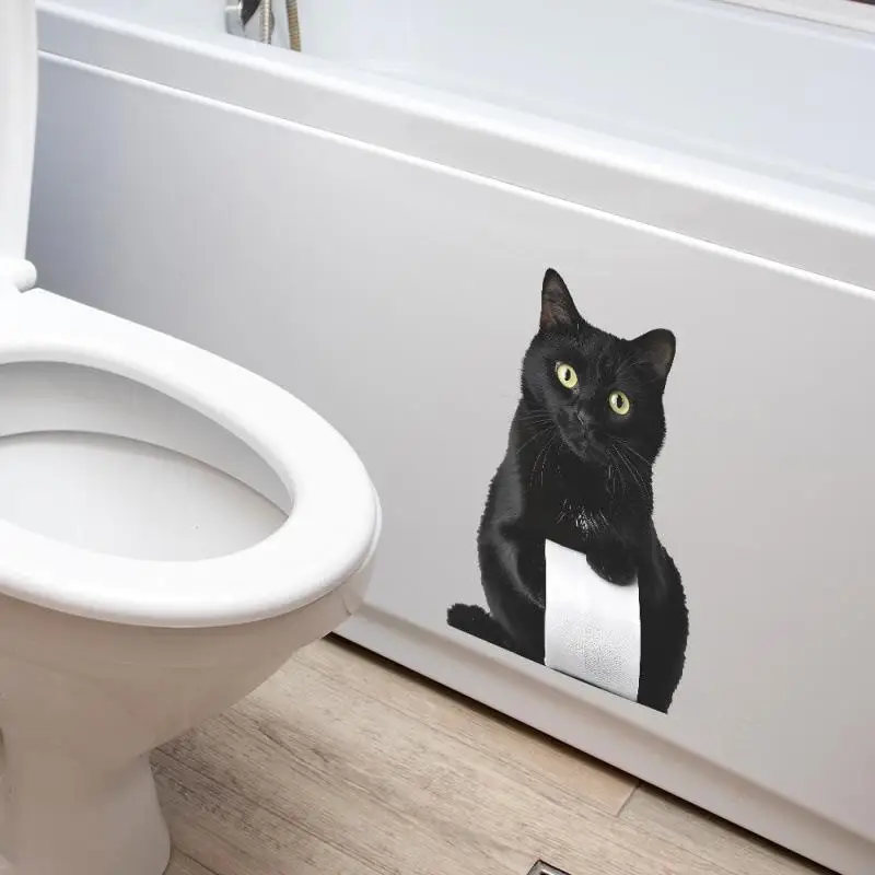 Black Bathroom Sticker Self-Adhesive Toilet Decoration Cute Kitten Toilet Stickers PVC Film Wall Toilet Bathtub