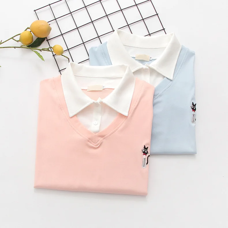 جديد 2025 الصيف القطن قصير الأكمام وهمية 2 قطعة تي شيرت ، المرأة التلبيب التطريز ، موري فتاة الحلو OL عادية فضفاض المحملة T56047CC