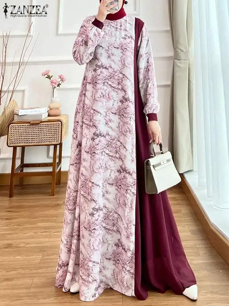 

ZANZEA Lantern Sleeve Women Islamic Robe Muslim Floral Patchwork Color Blocking O Neck Abaya Vestidos Elegant Fashion Maxi Dress