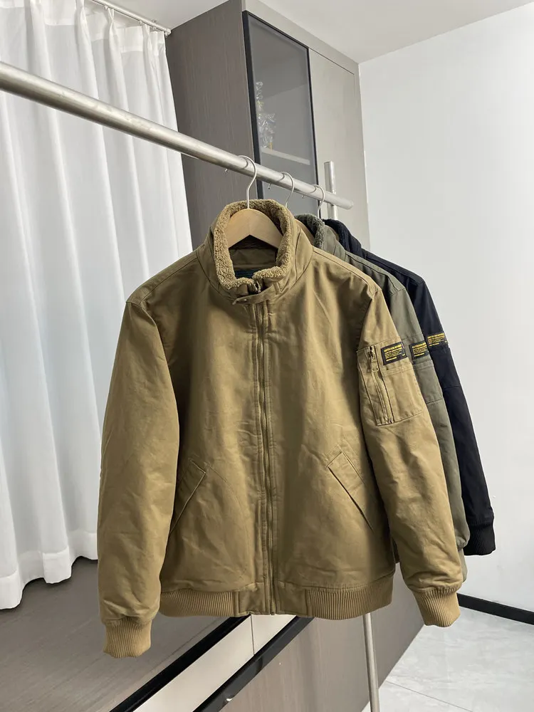 American casual retro! Add fleece to keep warm! Men's versatile stand-up collar thickened cargo casual jacket Autumn and winter