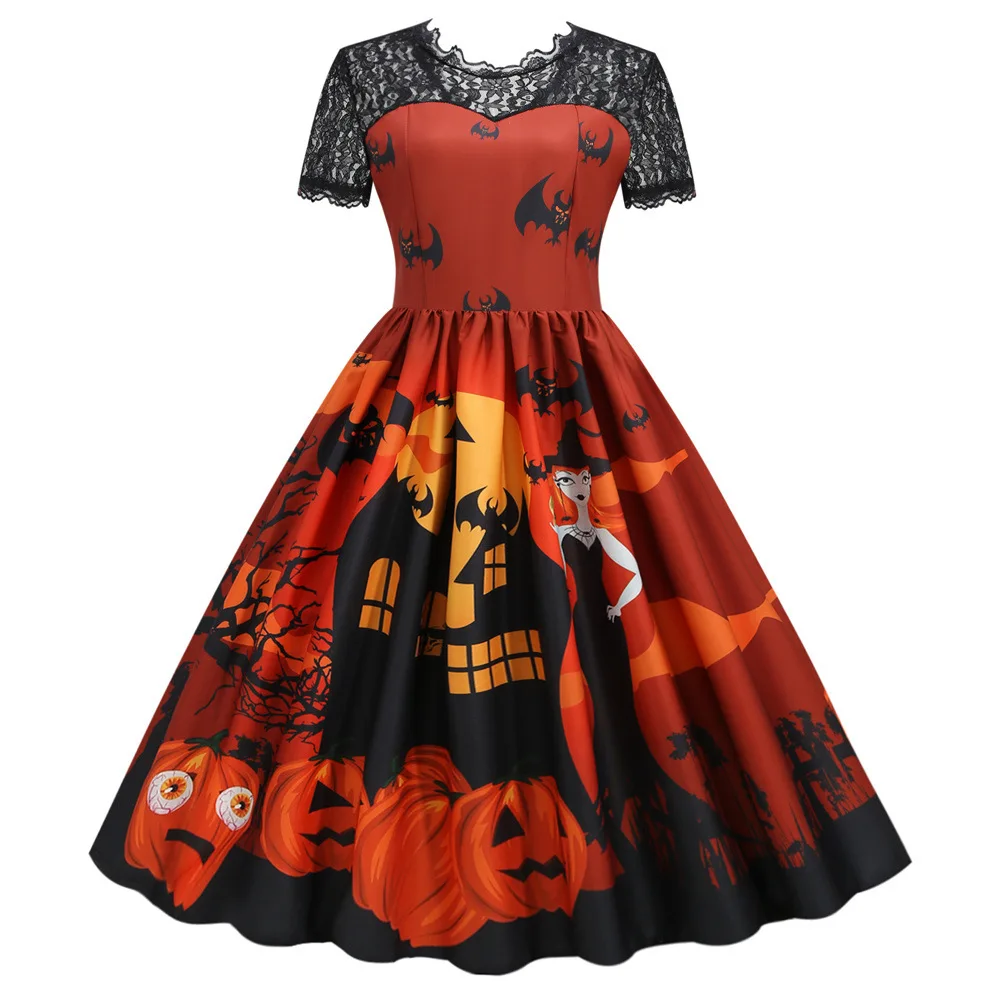 

Halloween Pumpkin Dress for Girls Bat Print Lace Stitching Dresses 2023 Princess Dress Festival Dress Up Party Vintage Dresse