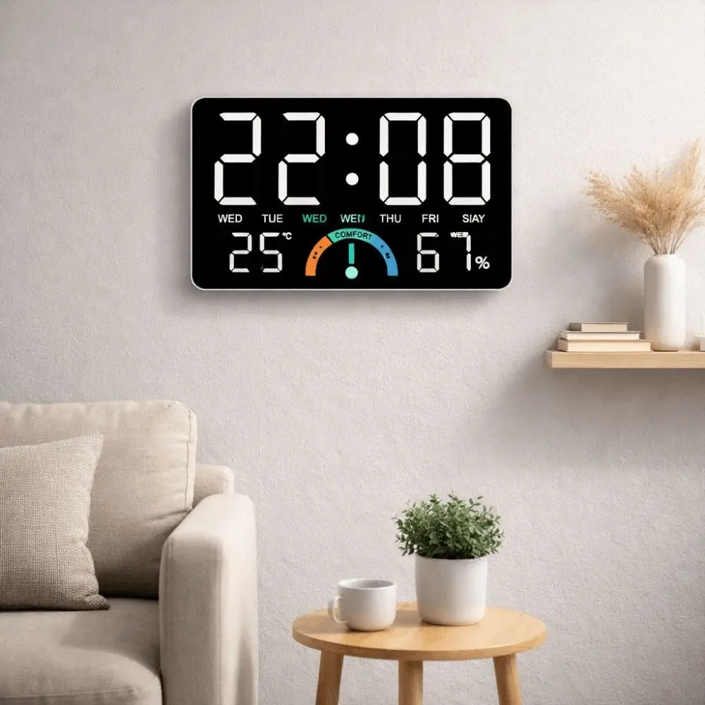 Time/Temperature/ Humidity Digital Wall Clock Dual Alarms Large Screen LED Alarm Clock Comfort Reminder Date Display