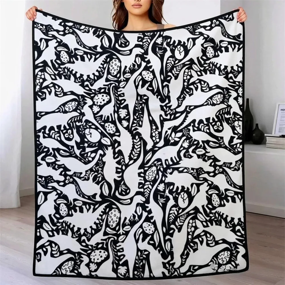 Black Base White Dinosaur Plant Sketch DIY Graffiti Blanket Soft Flannel Home Kids Creative Activity Throw Blanket