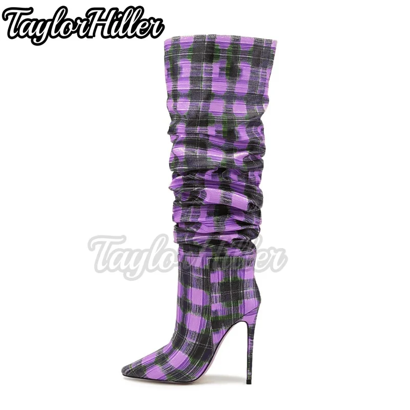 

Gradient Grid Boots Pointed Toe Botas Women Luxury Designer Shoes Autumn Winter Knee-high Booties Pull On Slip On Zapatos De Muj