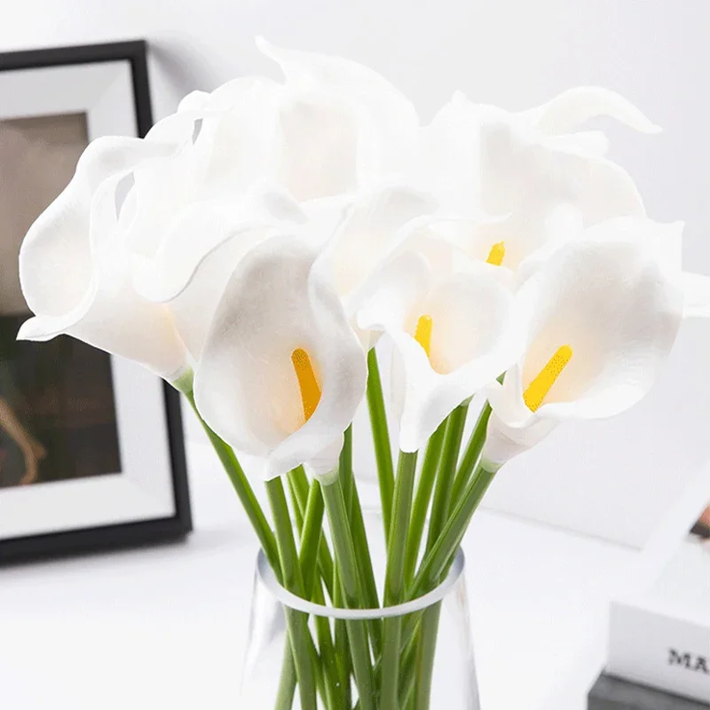 White Calla Lily Artificial Flowers Bridal Wedding Bouquet 10PCS PU Fake Flower Decoration For Marriage Party Home Party Decor