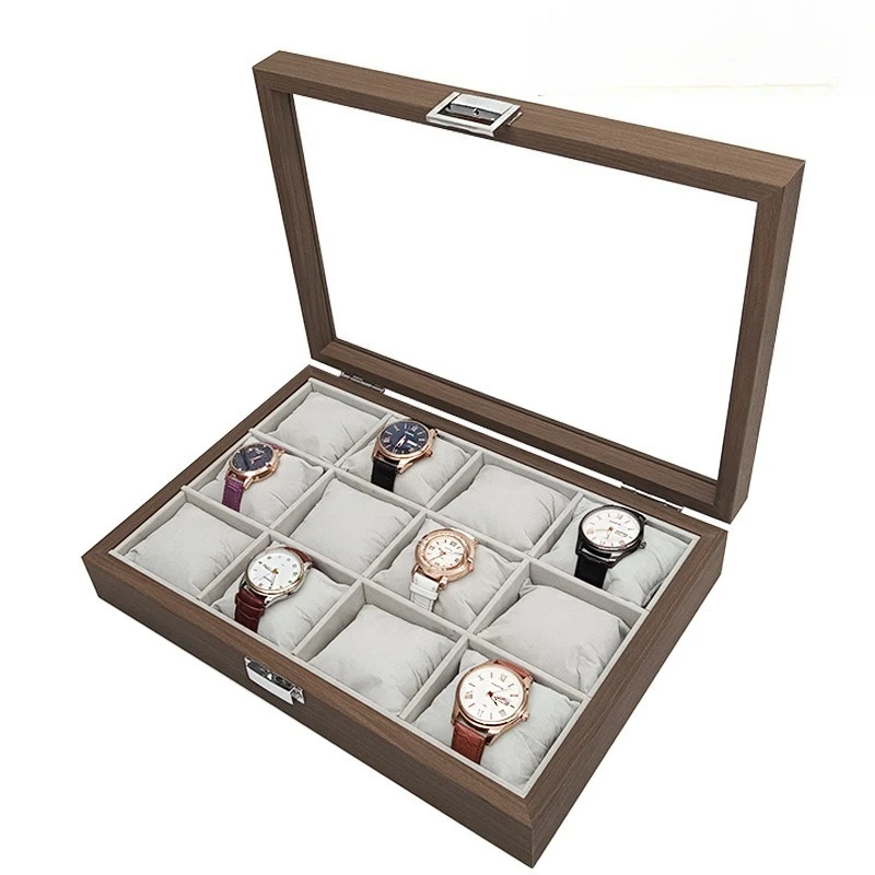 

Black walnut pattern wooden 12-digit watch storage box, wooden silk cotton pillow size table universal