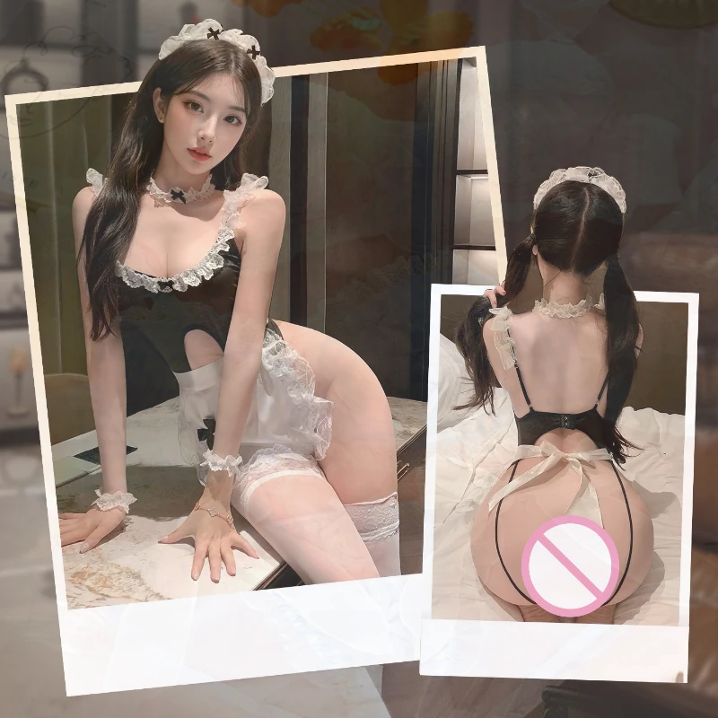 

Sexy Lace Maid Roleplay One-Piece Costume Passion Seductive Jumpsuit Sensual Underwear Hollow Out Open Crotch Bodysuit Home Wear