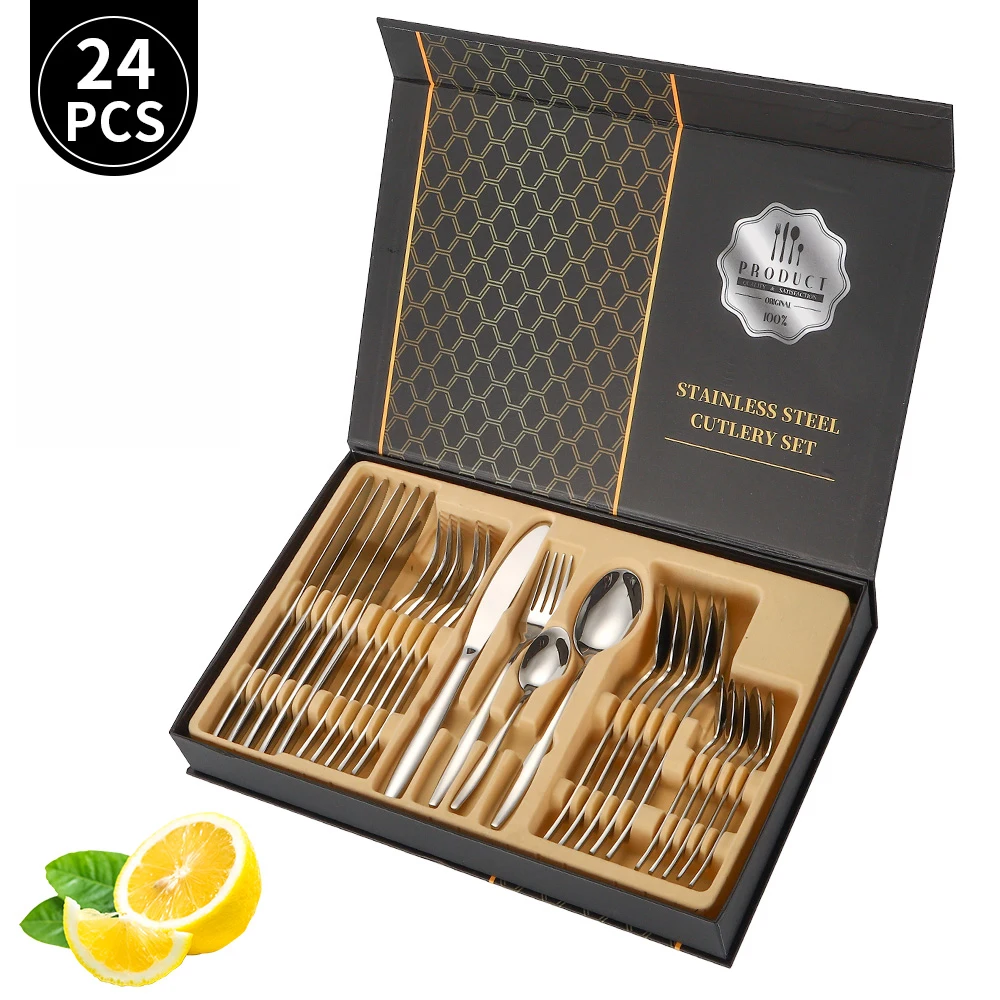 A Style 24-Piece Gold Cutlery Set Stainless Steel Cutlery Gift box Set - Mirror Polished Luxury Western Steak Knife And Spoon