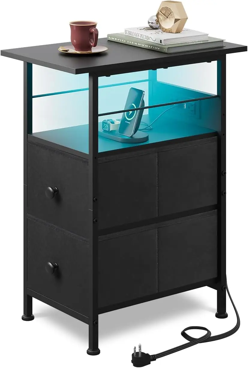 

Узкий приставной столик со светодиодной подсветкой, зарядной станцией, 2 ящиками и полкой для спальни или гостиной