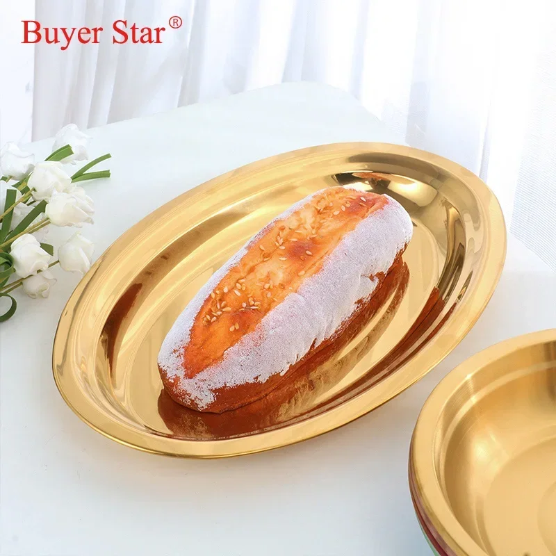 Golden Stainless Steel Storage Tray Metal Oval Dinner Plate Cake Display Kitchen Household Fruit Salad Plates Western Steak Tray