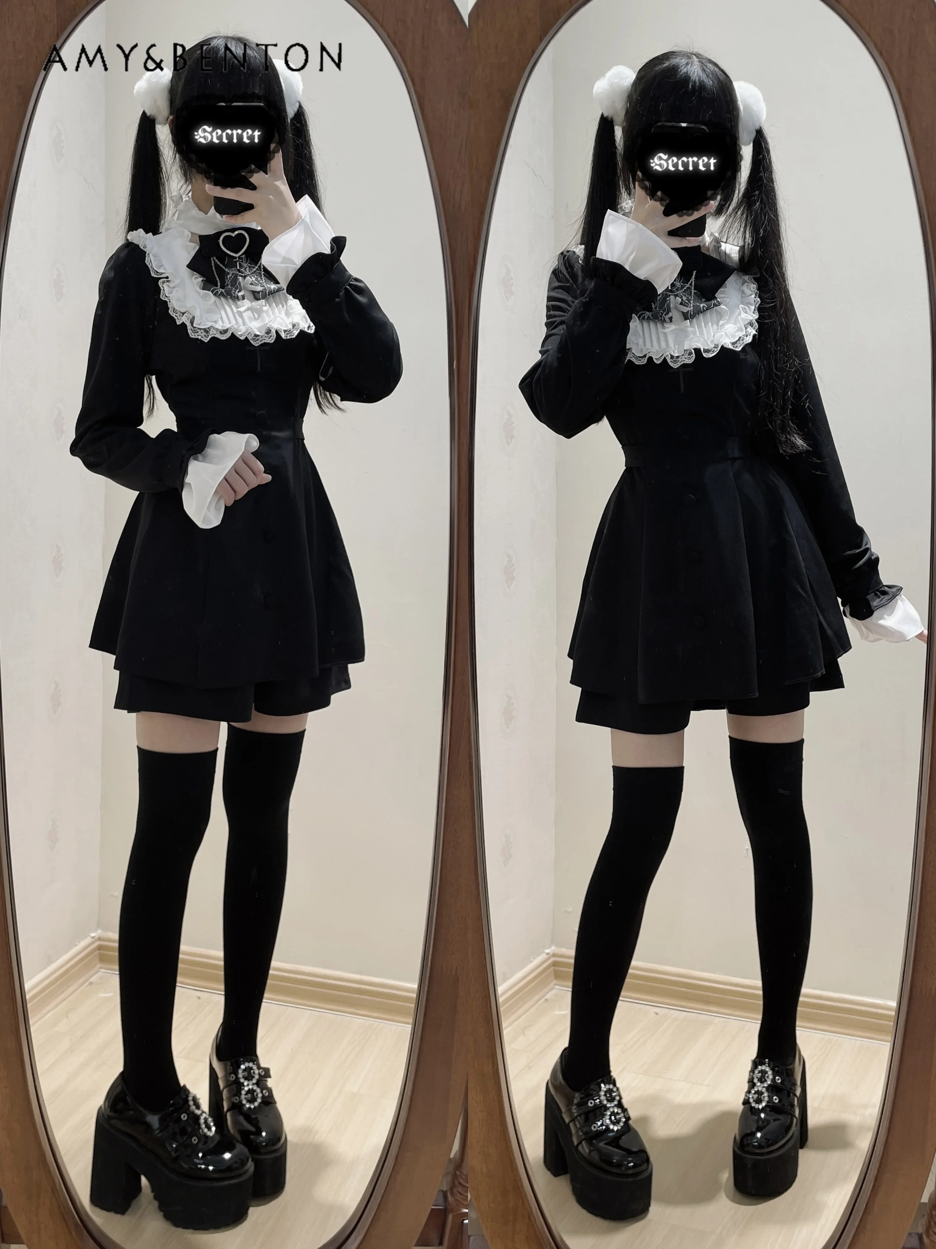 Mine Series Mass-produced Lolita Two-piece Set Women Japanese Cute Bow Long-sleeved Slim-fit Shirt Short Subculture Outifits