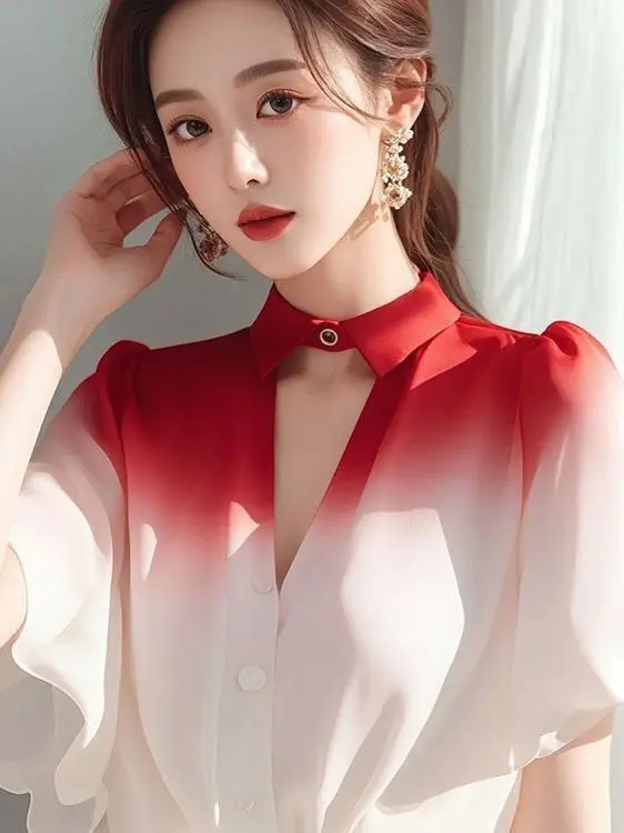 ユニークなグラデーションの女性のシャツ超美しいシフォン妖精のようなノースリーブ V ネック半袖夏のファッションプレミアムレディーストップ