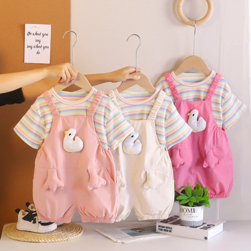 

New Summer Children's Clothing for Girls, Infants and Toddlers, Cute Short-Sleeve Two-Piece Set with Overalls