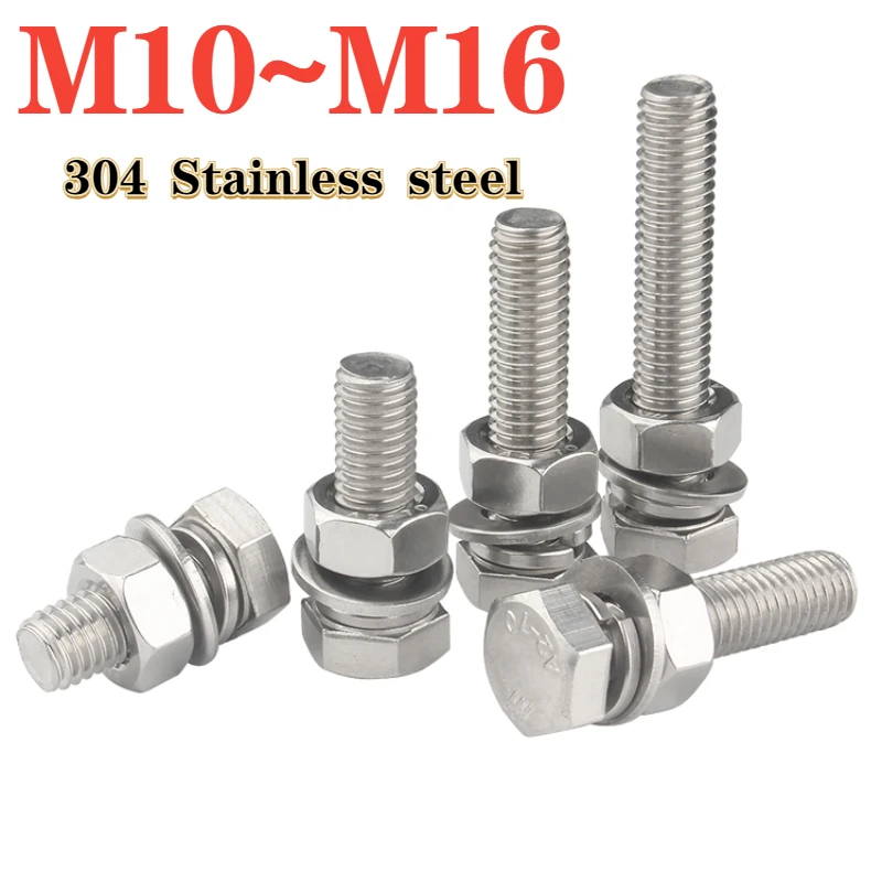 1Pcs M10 M12 M14 M16 304 Stainless Steel Outer Hexagon Head Screw Nut Flat Washer Lock Washer Kit Long Hexagon Bolt Combination