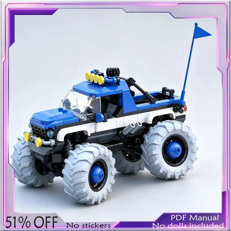 367PCS Blue White Racing Monster Truck Building Blocks Custom MOC Model Big Wheel Off Road Vehicle DIY Assembly Display Gift