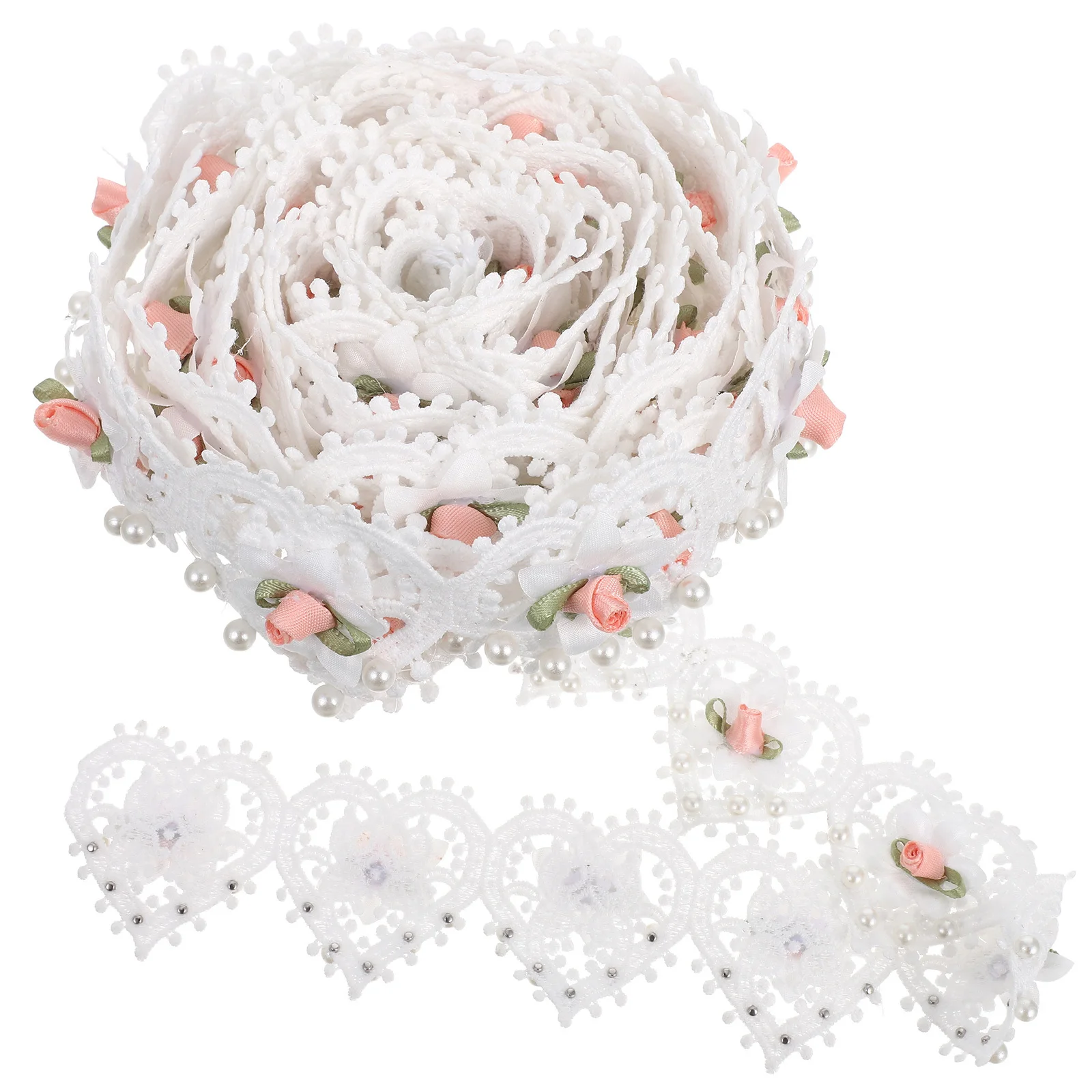 

3 Yards Heart Pearl Lace Trim Ribbon Handcrafted Floral Embroidery with Beads for Vintage Modern Dress Hat Accessory DIY