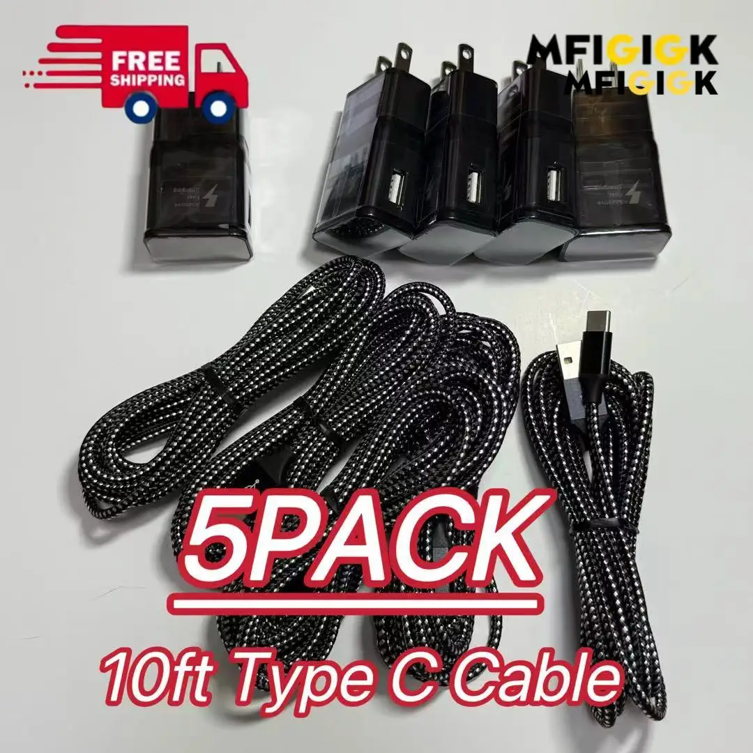 

MFIGIGK 5 шт. 10 футов USB C кабель черный для Galaxy S25 S24 S23 Ultra A15 A13 A03s A53 S22 S21 S20 S10 S9 Android Phone US Plug