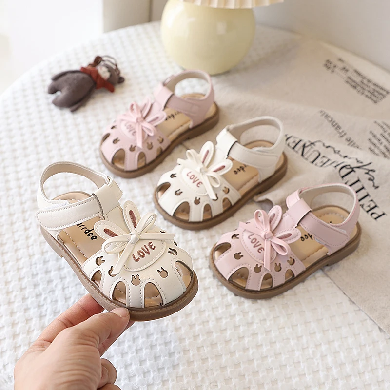 Little Girls Summer Sandals Cartoon Cute Rabbit with Love Kids Bowtie Beach Shoes Anti-kick Fashion Princess Children Flat Shoes