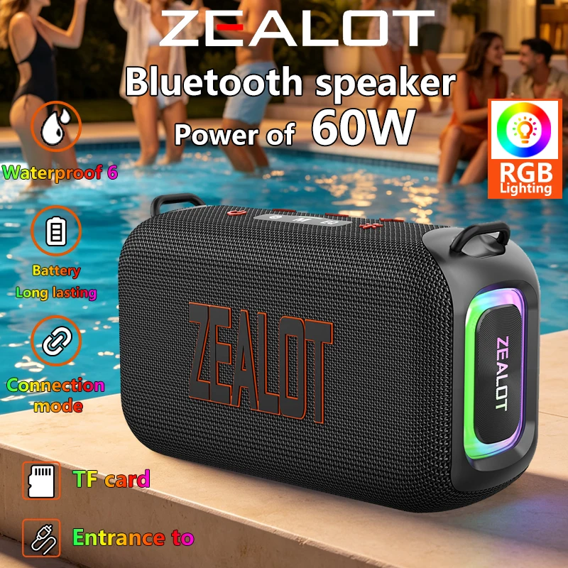 Zealot-S85 Portable Waterproof Speaker, Wireless Bluetooth Speaker 60W, Outdoor Camping Speaker, Beach Party Player