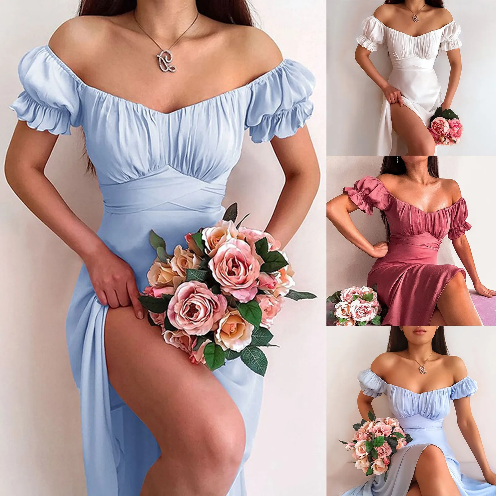 2023 Women's Dress Sexy Solid A-Line High Waist Short Petal Sleeve Elegant Female Dress 2021 Summer Ladies Party Dresses