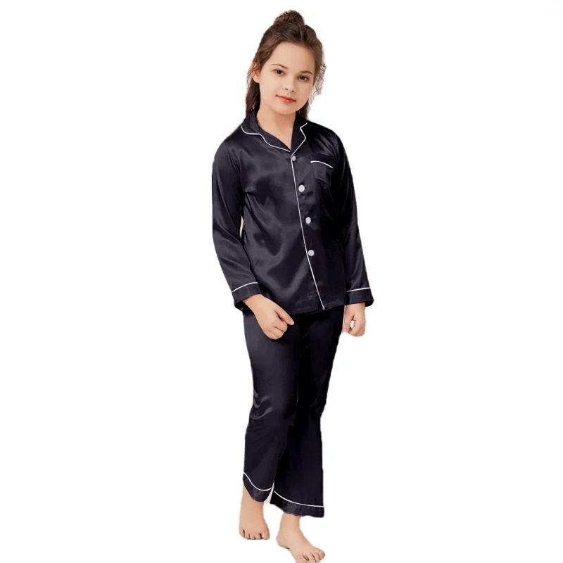 Pajamas Little Kids Boys Girls Satin Silky Black Sleepwear Set Button-Down Clothes Long Sleeve Children Loungewear