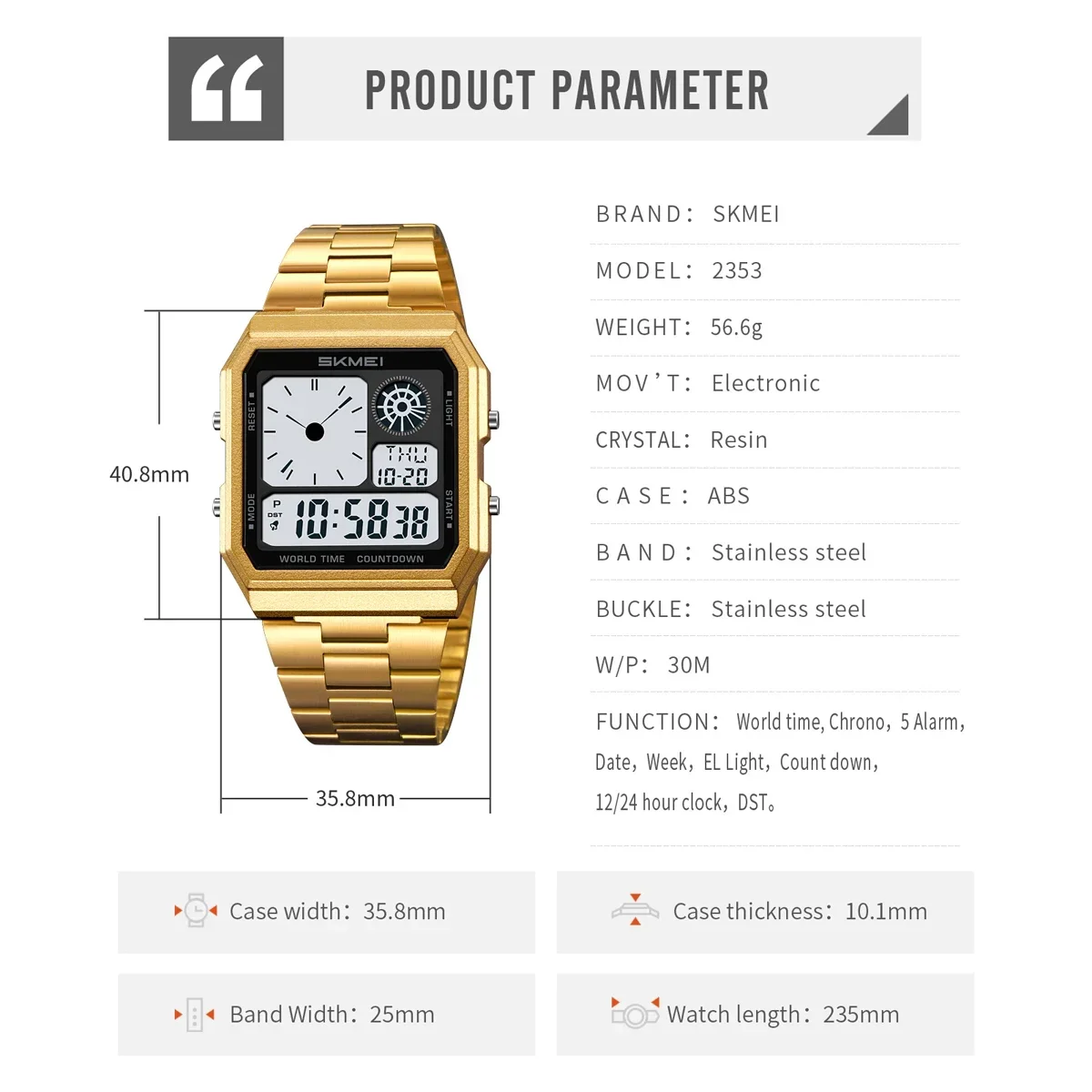 SKMEI 2353 월드 남녀공용 디지털 전자 시계, 방수 야외 스포츠, 스테인레스 스틸 스트립 손목시계