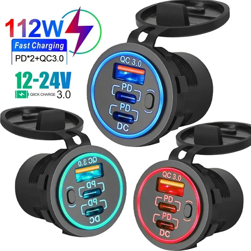 Car Charger Socket PD3.0 & QC3.0 Double USB C Ports Waterproof with LED Touch Switch 78W Fast Charging 12V/24V For Moto Adapter