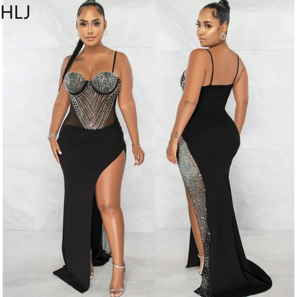 

HLJ Sexy Mesh Perspective Rhinestone High Slit Nightclub Dresses Women Thin Strap V Neck Splicing Floor Dress Fashion Vestidos