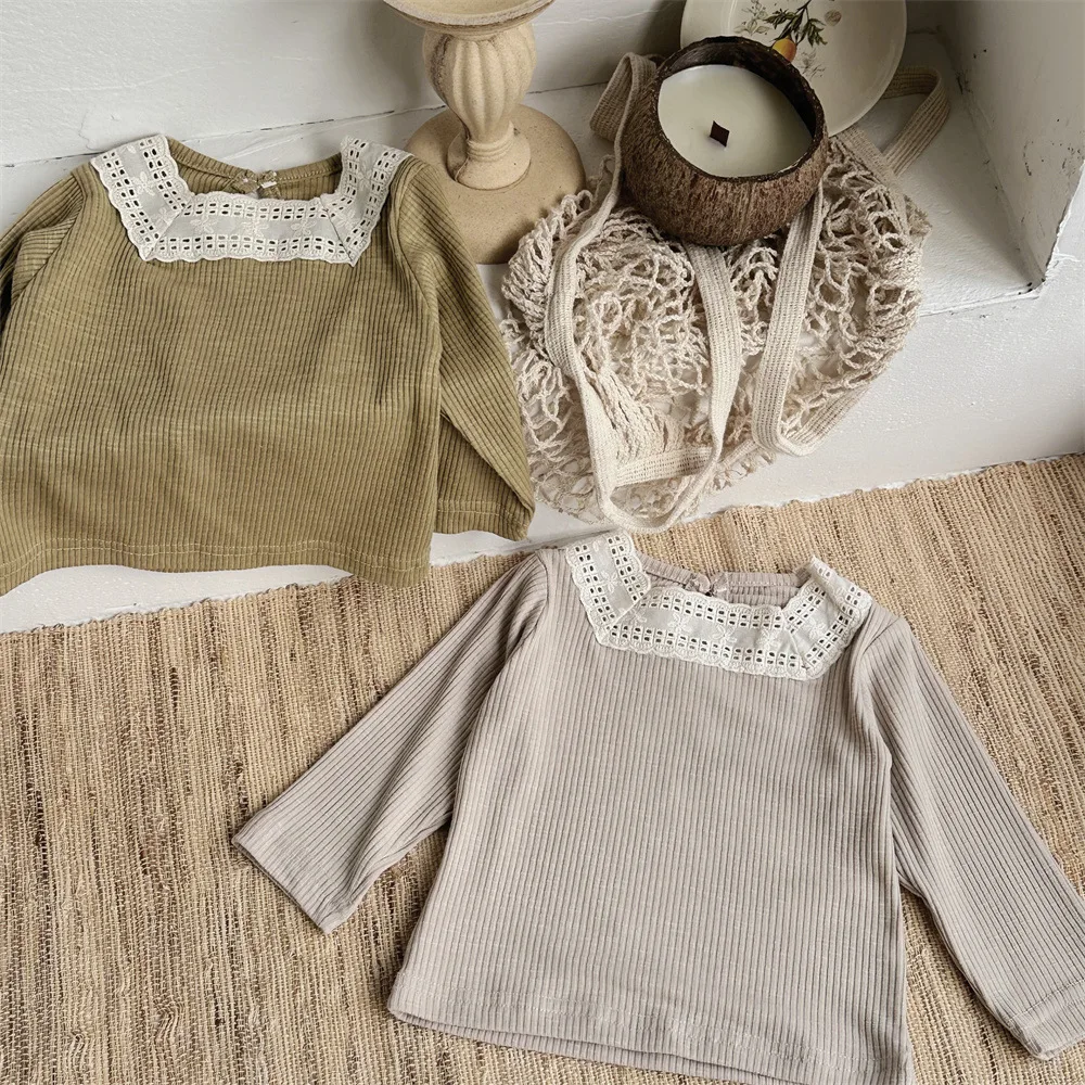 

2024 Autumn New Baby Girl Solid Ribbed Bottoming Shirt Cotton Infant Toddler Lace Collar Long Sleeve Tops Baby Simple T Shirts