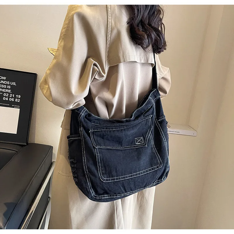 Women's Tote Bag 2024 New Washed Denim Popular Large Capacity Lazy Style Commuting Crossbody Shoulder Bag