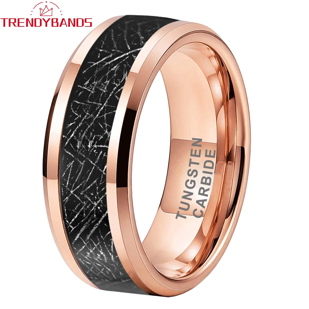 

8mm Wholesale Meteorite Inlay Tungsten Ring Men Women Fashion Engagement Wedding Band Beveled Polished Shiny Jewelry