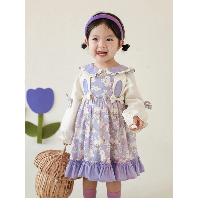 Girls\' Purple Rabbit Series Suit Spring Shirt Children\'s Fresh Coat Top Baby Skirt Shorts