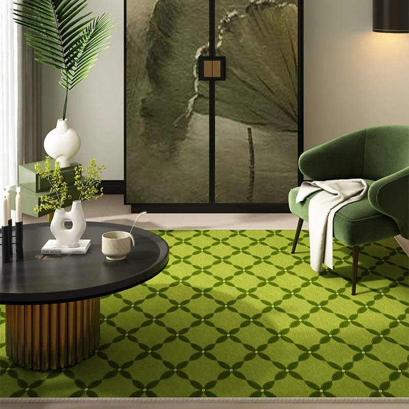 

Living Room Carpet Medieval Style Green Plaid Rug Bedroom Retro High-end Floor Mat Large Area Short Pile Home Decoration Carpets