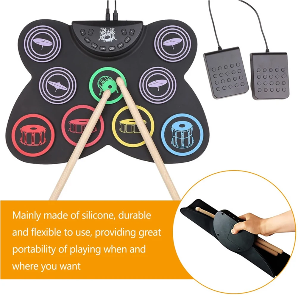 Roll Drum 9 Pads Pad Digital Drum Kit Pedal Controller with Drum Sticks Touch Sensitivity Great Holiday Birthday Gift for Kids