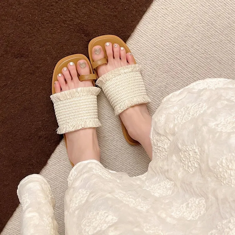 2026 Cotton Fabric Flat With Fringe Slides Ouside Woman Slides Round Toe Beige Flip Flops Slip On Slipper sandalias mujer