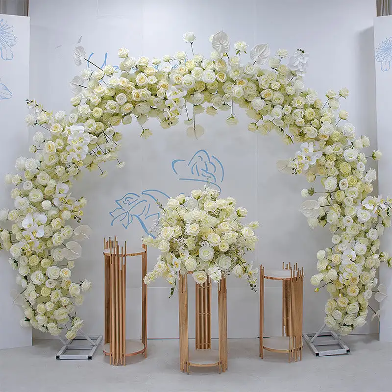 

Custom series Champagne Rose Peony Hydrangea Green leaf artificial circular arch wedding background decoration banquet layout