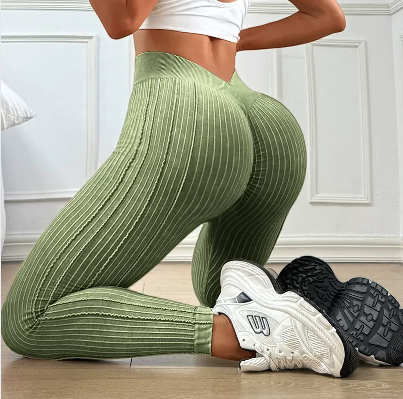 Women Gym V Back Leggings Striped Butt Lifting Fitness Athletic Workout Yoga Pants Exercise Leggins Outdoor Sports Tights