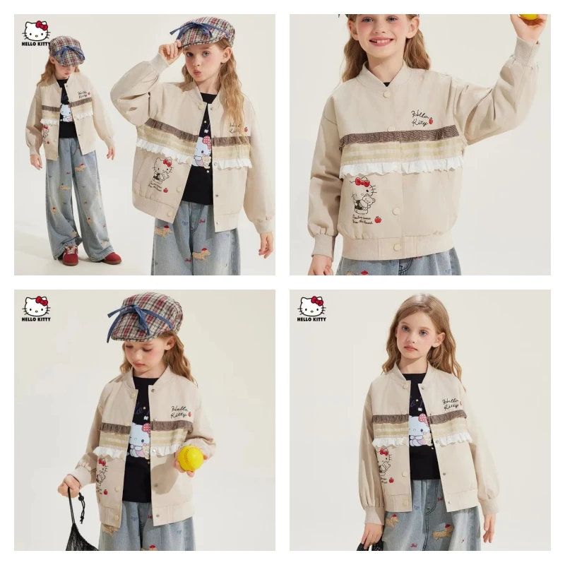 

Hot Sanrio Girl Coat Hello Kitty Kawaii Fashion Spring and Autumn Student Long Sleeves Baseball Jersey Children's Clothing New