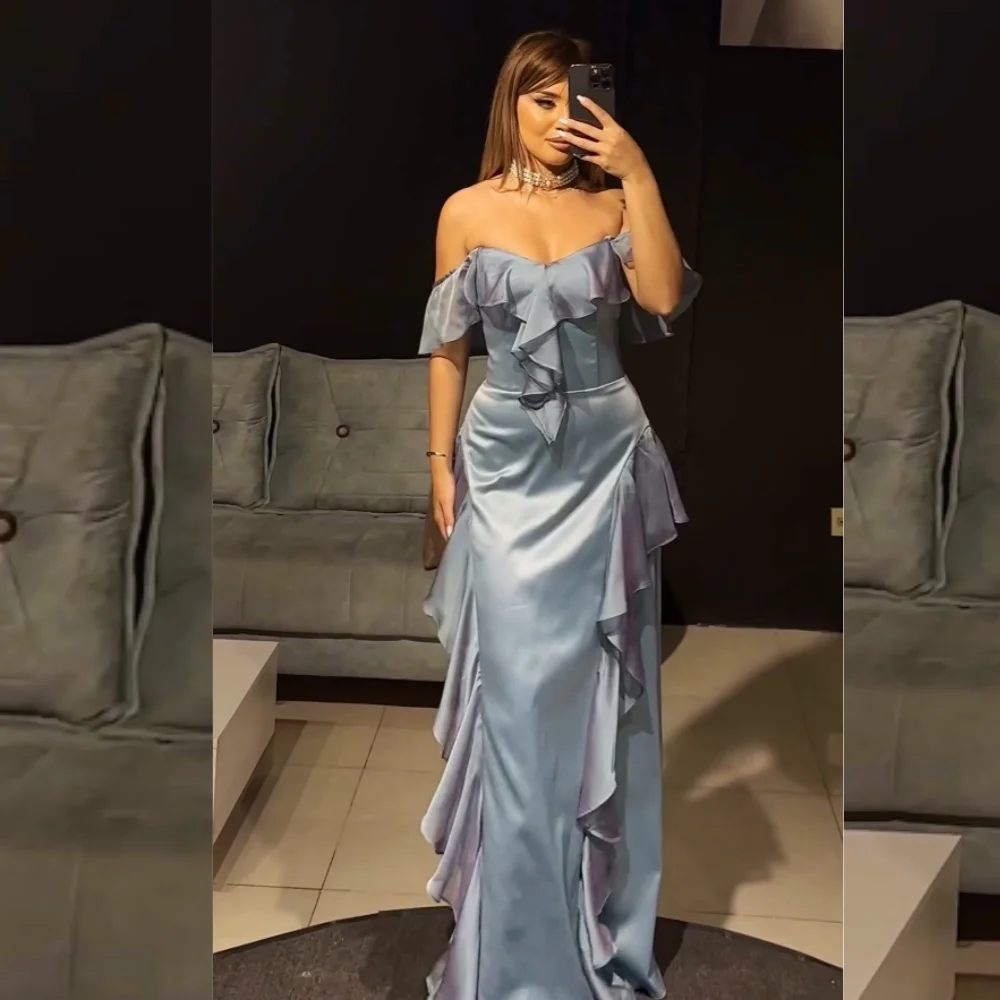 Vestidos largos personalizados de satén de alta calidad con pliegues, corte en A, hombros descubiertos, vestidos de fiesta, brillo Sexy disponible, intrincados Ma