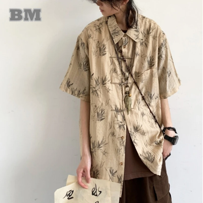 Chinese Style Summer Bamboo Leaf Print Short Sleeve Shirt Men Women Clothing Vintage Casual Couple Top Unisex Fashion Thin Coat