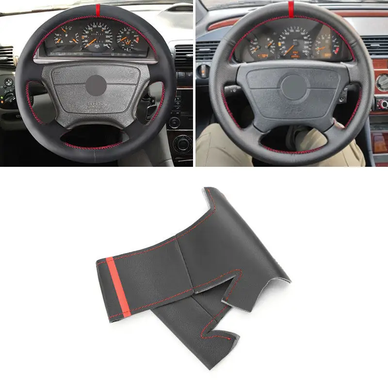 For Mercedes Benz C CL E S Class W140 C140 W202 W210 W124 Car Steering Wheel Cover Smooth Microfiber Leather Trim Red Line Signs