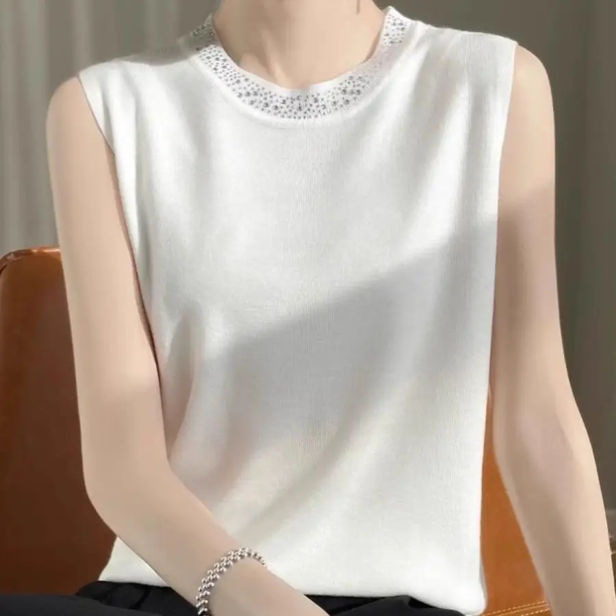 2024 Autumn New Premium Spun Wool Vest Women Sleeveless round Neck Strap Knitted Diamond Embedded Commute Style Regular Fit