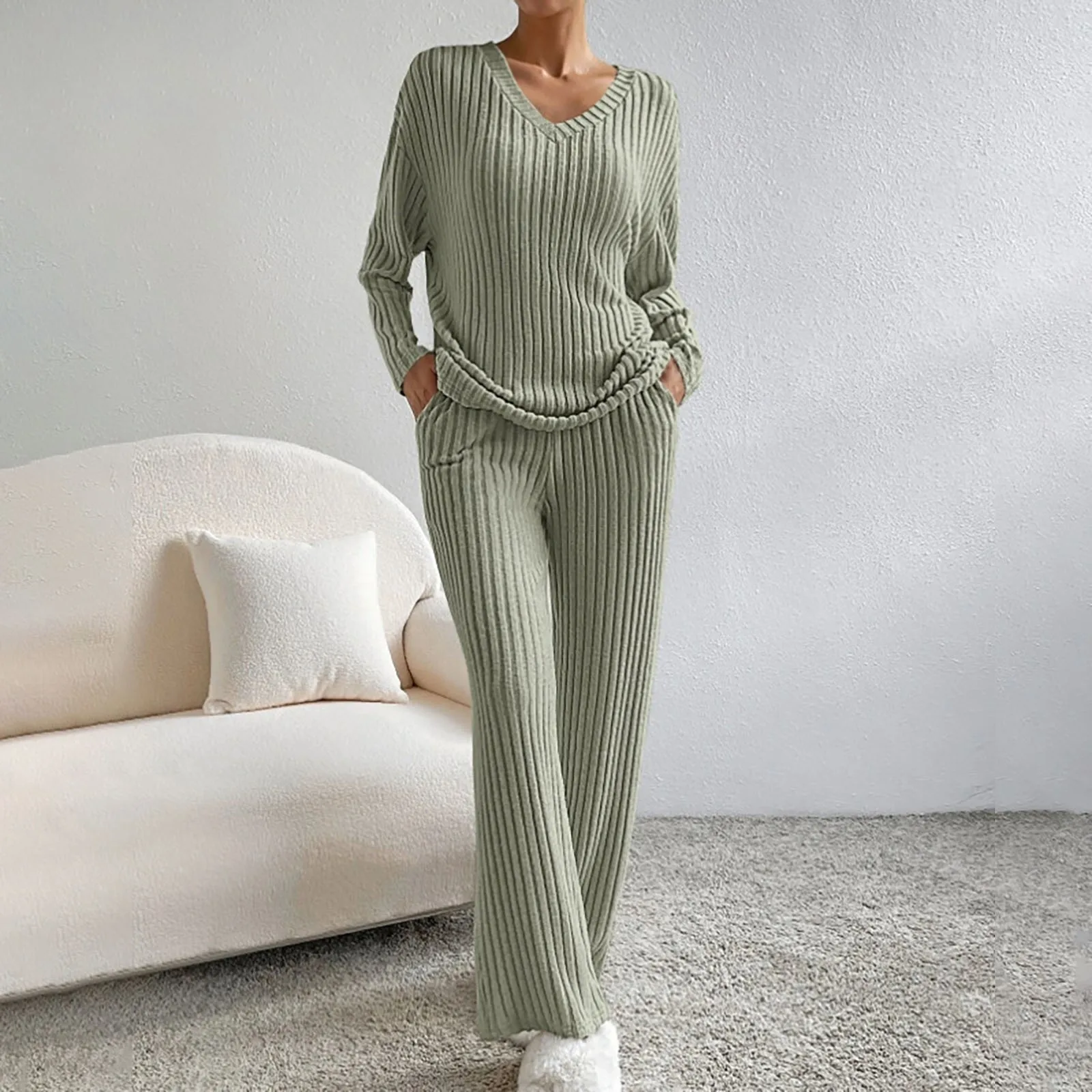 Women Knit Sweater 2 Outfits Loose V-neck Knitwear Straight Leg Pants Set Solid Color Sweater Two-Piece Set Lady Set Clothing