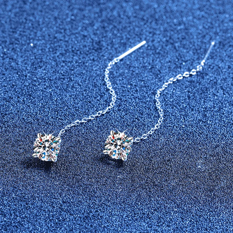 LioraGem Classic Four-claw Super Sparkling Moissanite Thread Earrings, Versatile Earrings for Women Platinum PT950 Stamp