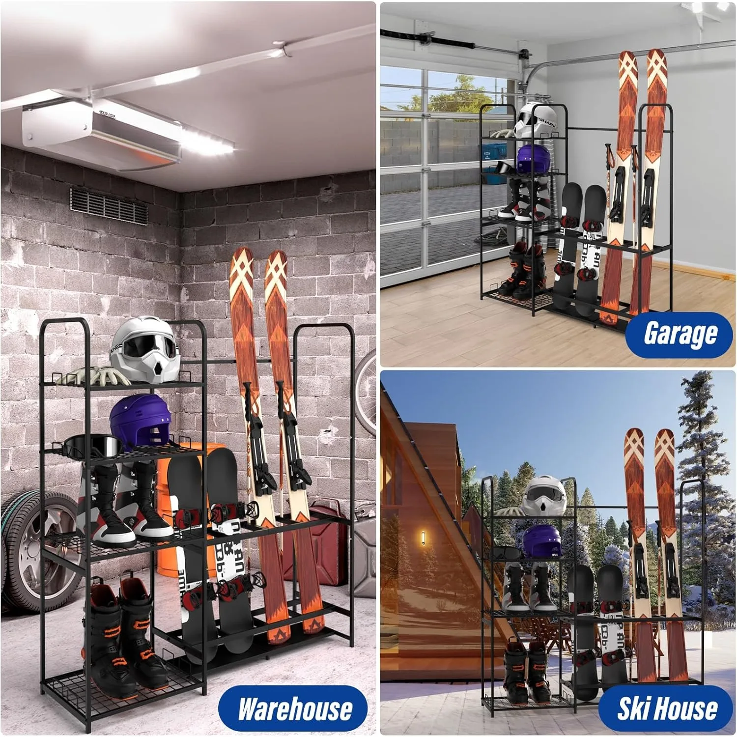 رف التزلج على الجليد المعدني شديد التحمل قائم بذاته - تخزين المرآب مع رف للأحذية والخوذات والإكسسوارات