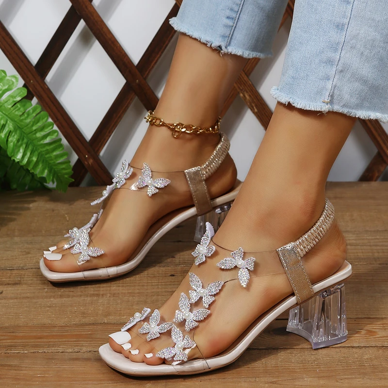 Sandals Women Summer New Fashion Women\'s Sandals 2022 Flowers Rhinestone Sandals Transparent Root Open Toe Sandals Woman Shoes