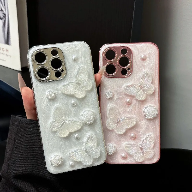 

Роскошный 3D-чехол для телефона с жемчужными цветами и бабочками для iPhone 17 16 15 14 13 12 11 Pro Max, блестящий, с гальваническим покрытием, противоударный